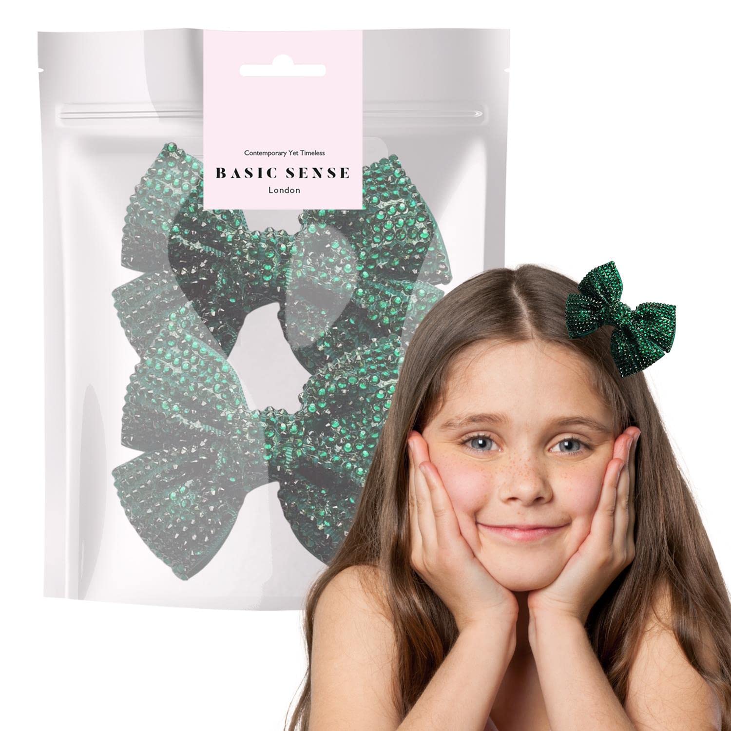 BasicSense 2 Pieces Rhinestone Bow Hair Clips Diamante Ribbon Crocodile Alligator for Girls, Dark Green