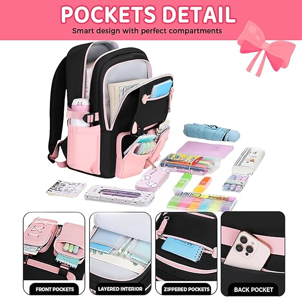 TYHOTULY 3PCS CUTE AESTHETIC GIRLS BACKPACK WITH LUNCH BOX PENCIL CASE SET, ELEMENTARY MIDDLE HIGH SCHOOL STUDENT BOOK BAG FOR KIDS TEENS, LARGE CAPACITY KAWAII PREPPY BOW TIE BOOKBAG