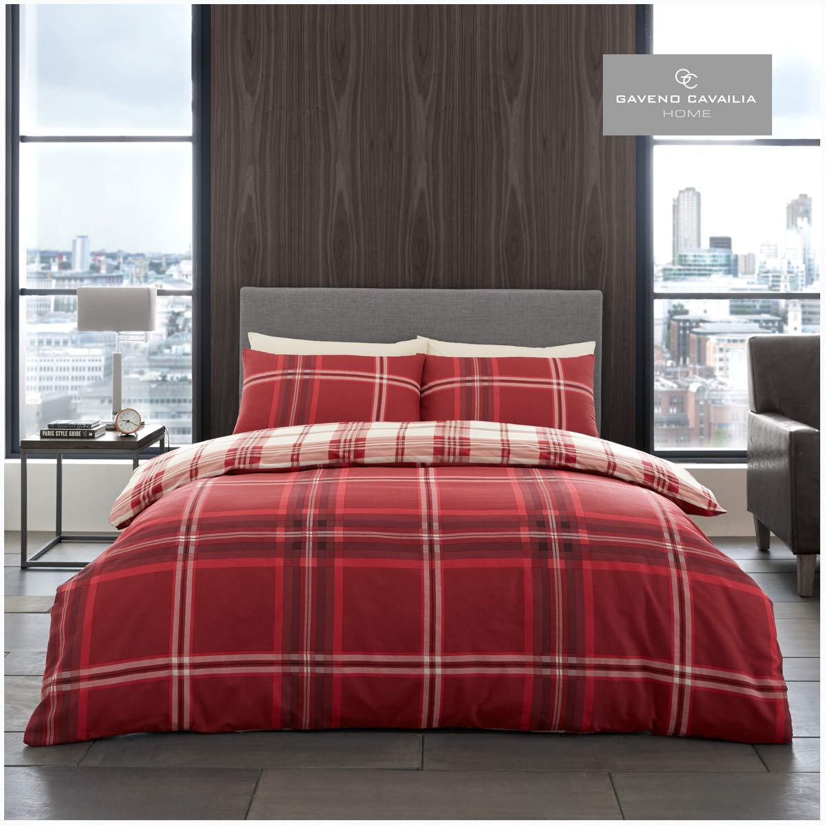 GC GAVENO CAVAILIA Gaveno Cavailia Bardsley Check Double Duvet Set Bedding Red, 3 Piece Cotton Blend Reversible Printed Bedlinen, Easy Care Bedset, 1 Quilt Cover + 2 Pillow Cases