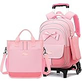 MITOWERMI Rolling Backpack for Girls 3Pcs Elementary School Bag Cute Bowknot Backpack with Wheels Girls Bookbags with Handbag Trolley Bags Kids Carry-On Luggage