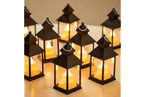Romadedi Mini Lanterns Decorative for Centerpiece - 10 PCS Hanging Small Black Lantern Bulk with Flickering LED Candles for Halloween Decorations Wedding Decor Christmas Table, Batteries Included