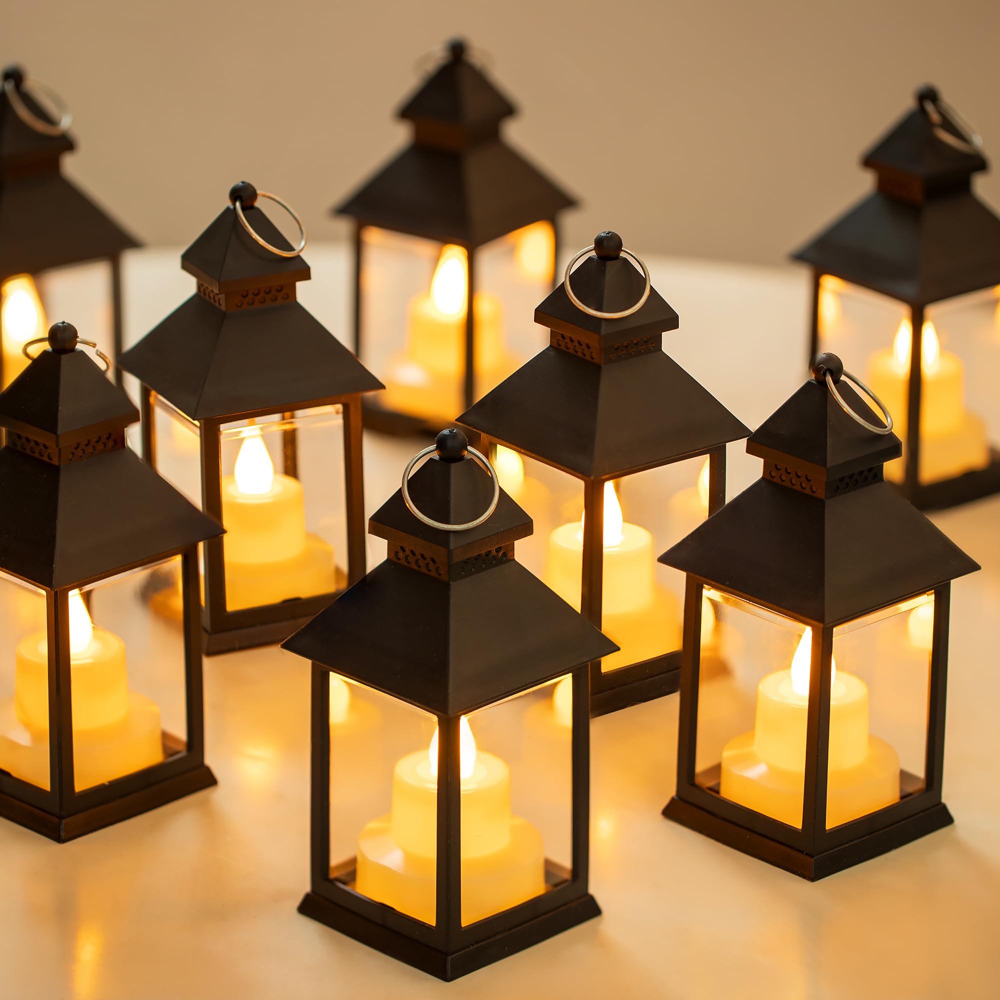 Romadedi Black Candle Lantern Decor - 10Pcs Small Decorative Black LED Lantern Hanging Candle Holders for Halloween Christmas Table Decoration Outdoor Moroccan Ramadan Wedding