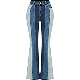 THUNDER STAR Women Patchwork Flare Jeans Stretch High Waisted Bell Bottom Raw Hem Denim Pants