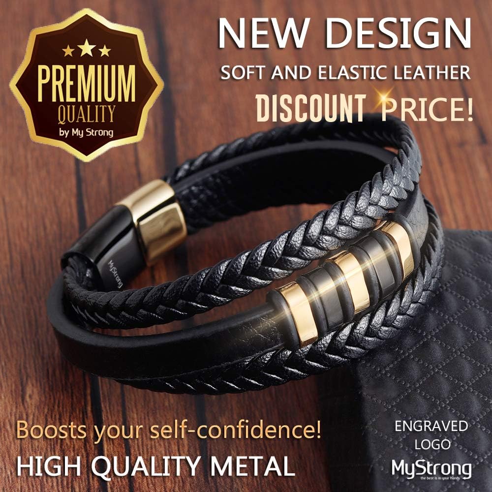 MyStrong Men's Leather Bracelet Stainless Steel Magnetic Clasp - Stylish Braided Mens Bracelets Wrist - Multilayer Leather Cuff Bracelet Magnet Closure - Charm Leather Bracelet for Men Women, Black: Clothing