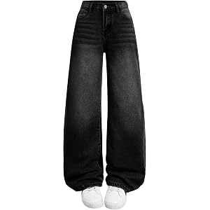 Zekujoy Girls Jeans Wide Leg Baggy Elastic Waist Denim Pants Cute Retro 2000s Boyfriend Washed Trousers for Tween 7-14Y