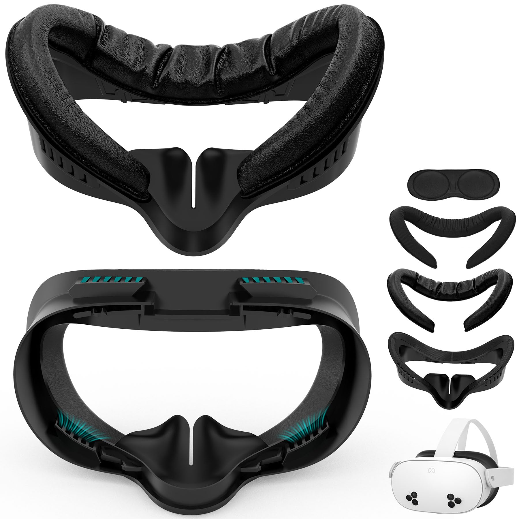 Face Pad Cover & Facial Interface for Meta/Oculus Quest 3s Accessories, Soft PU Leather Foam and Ice Silk Cotton Replacement Face Interface Cushion, Sweat-Proof Air-Circulation Design, Not Fit Quest 3