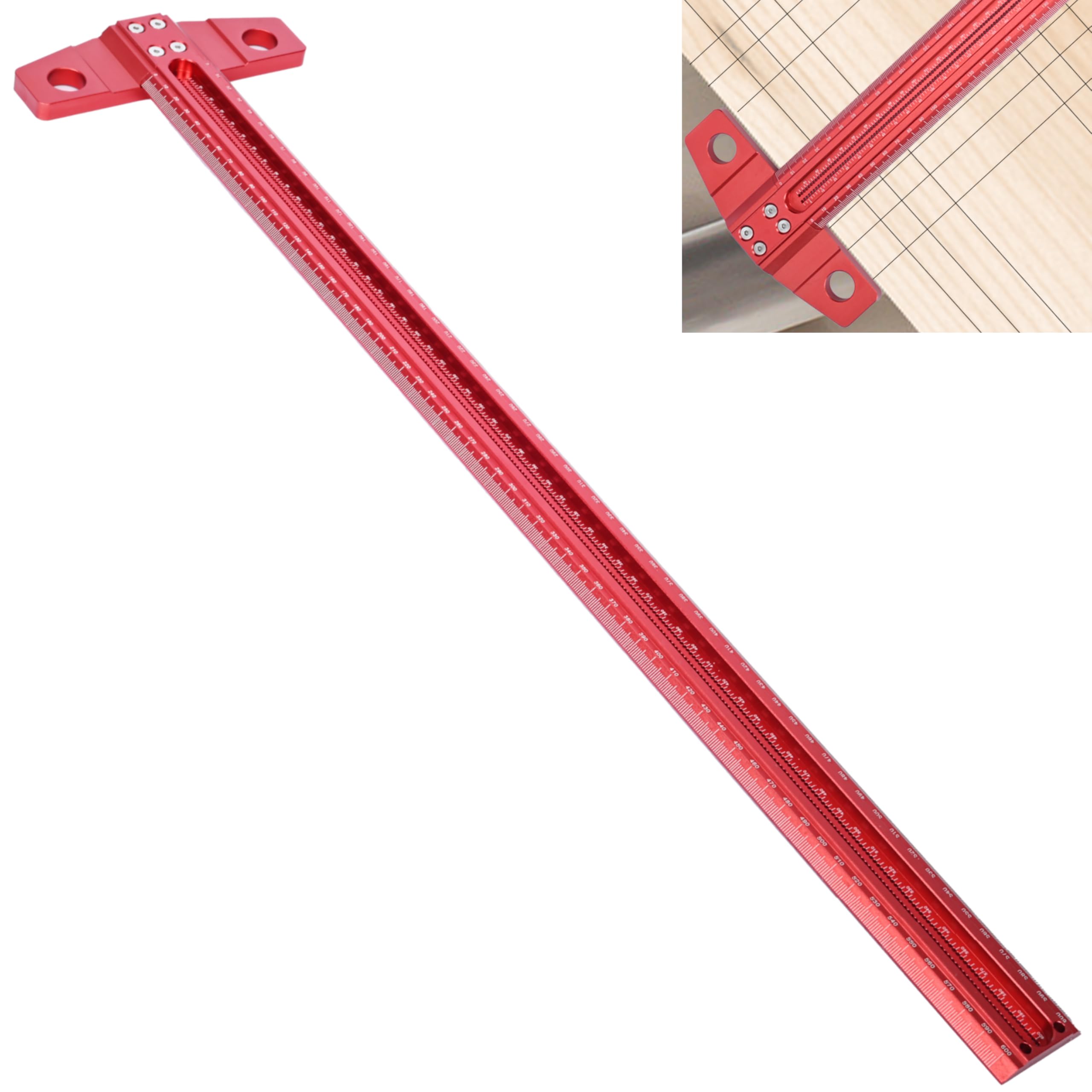 aleawol T Type Woodworking Scriber Ruler 600mm, T Type Square Ruler 90 Degree Right Angle Scribe Architect Rulers Layout and Measuring Marking Tools for Carpenter, Aluminum Alloy Scriber
