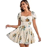 Parthea Women's Floral Square Neck Mini Dress Lace Puff Sleeve Off Shoulder Smocked Flowy A Line Summer Dresses for 2025