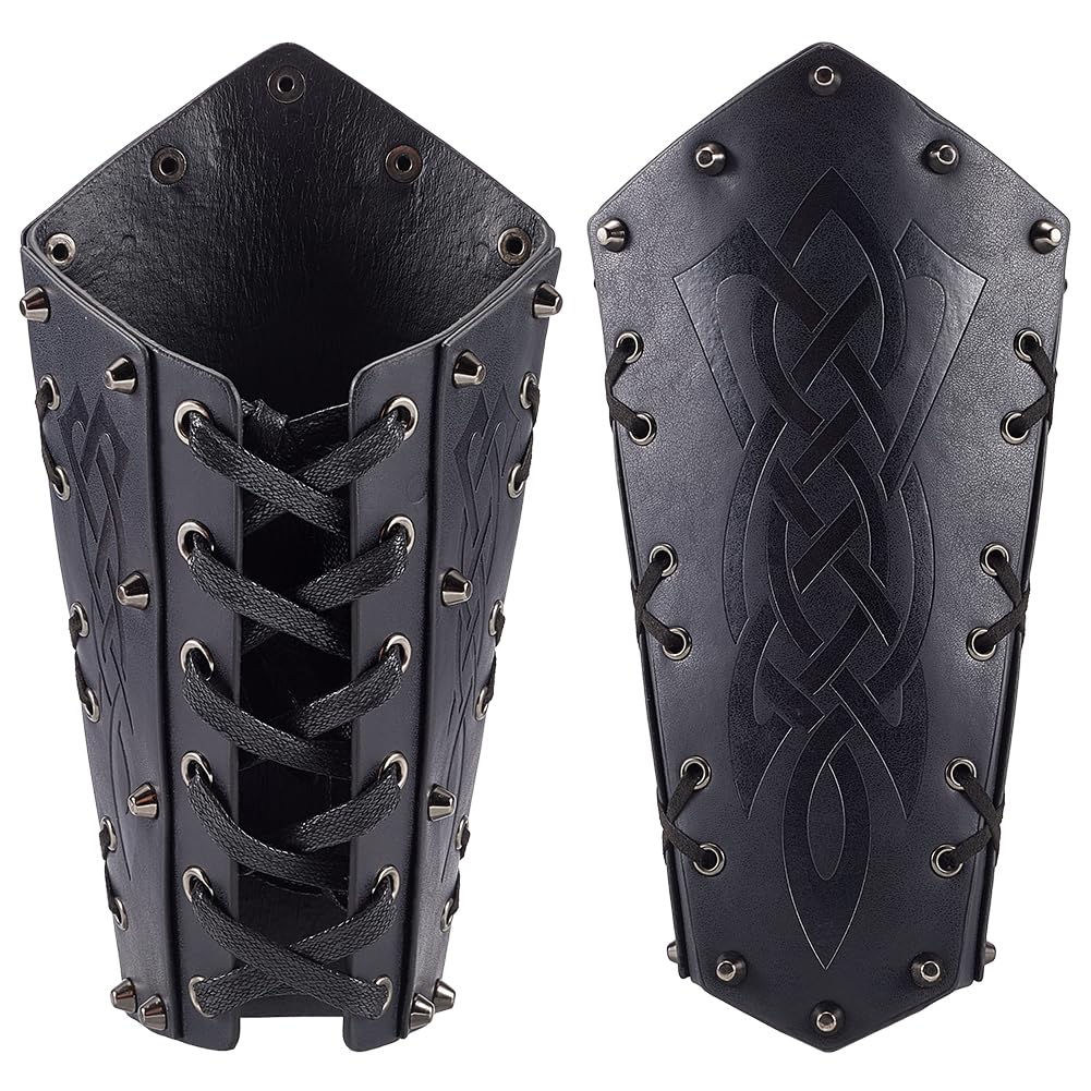 GORGECRAFT 2PCS PU Leather Cord Medieval Arm Guards for Men Black Faux Leather Viking Embossed LARP Gauntlet Vintage Renaissance Knight Arm Bracers Wrist Cuffs Wristband Leather Arm Armer for Cosplay
