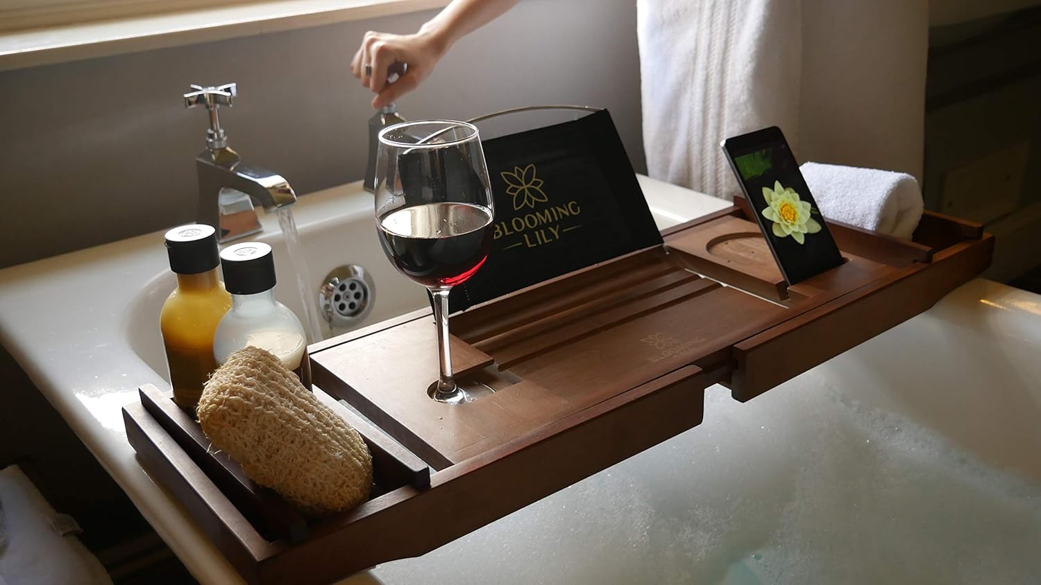 Blooming Lily Bathtub Tray - Sturdily Designed Bath Caddy with Wine Glass Holder, Ipad Stand and More Suitable for Most Baths (Brown): Kitchen & Dining