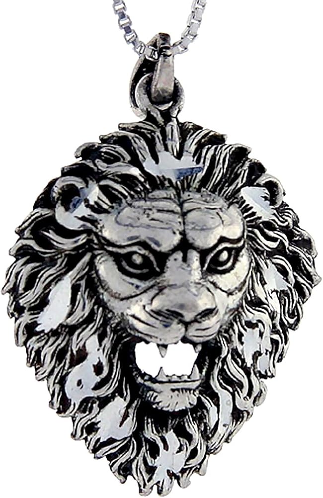 Sterling Silver Lion Head Pendant, 1 5/8 inch Tall Jewelry