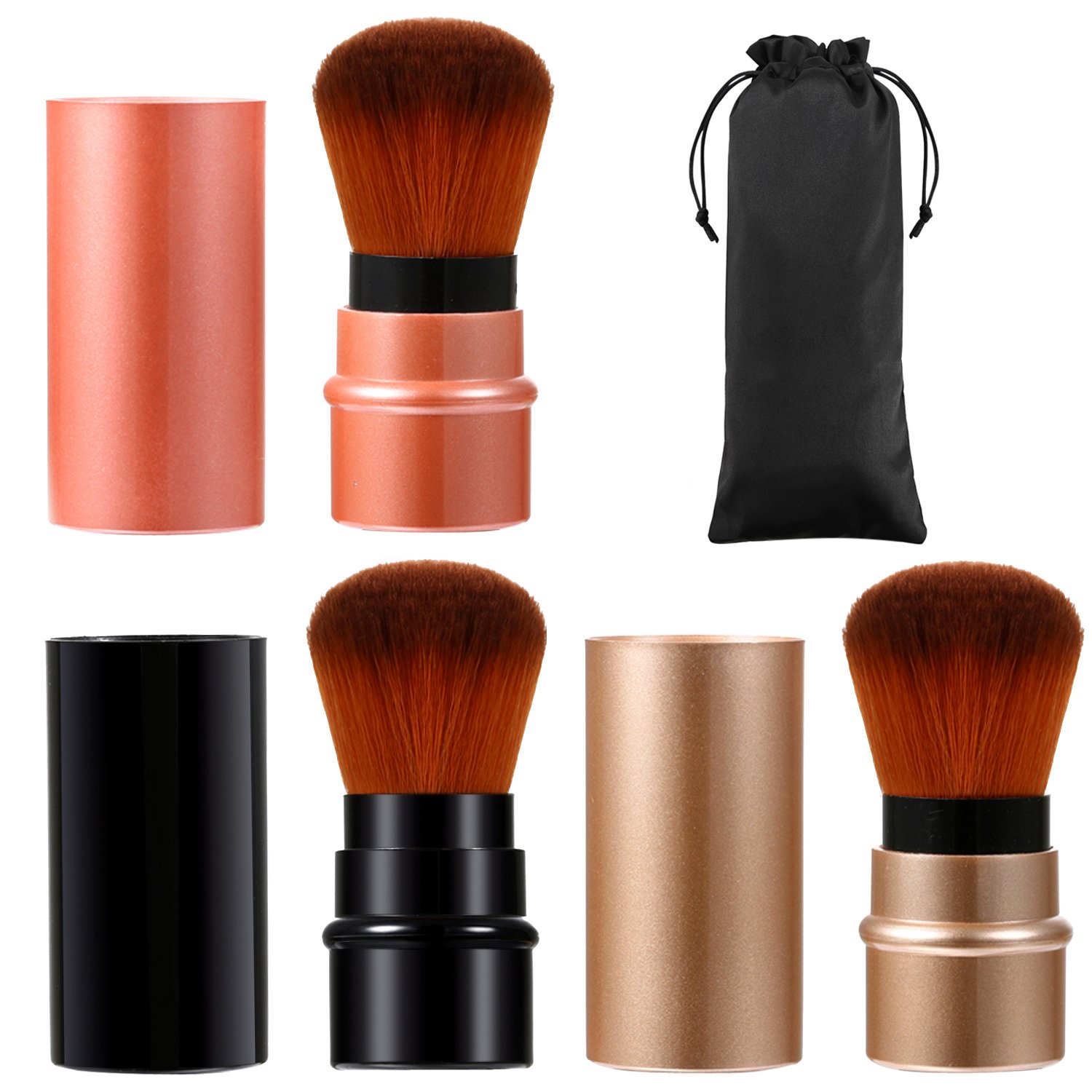 Vtrem Retractable Makeup Brush Set: Red Black Brown 3 Colors Powder Travel Foundation Kabuki Brushes Bronzing Small Size Portable Mini Face Make up Brush with Cover
