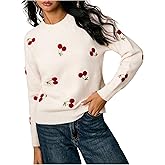 WDIRARA Women's Cherry Embroidery Sweater Crew Neck Long Sleeve Pullover Knit Tops