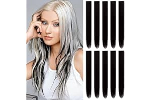 TOFAFA 22 inch Colored Hair Extensions, Multi-colors Party Highlights Clip in Synthetic Hair Extensions, Color Party Highlights Hairpieces for Girls Women(10 PCS Black)