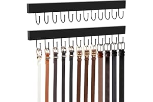 HOMEBROS Belt Hanger Wall Mount, Wooden Closet Belt Organizer with 24 Metal Hooks, 360° Rotatable, Large Capacity, Black, 2 P