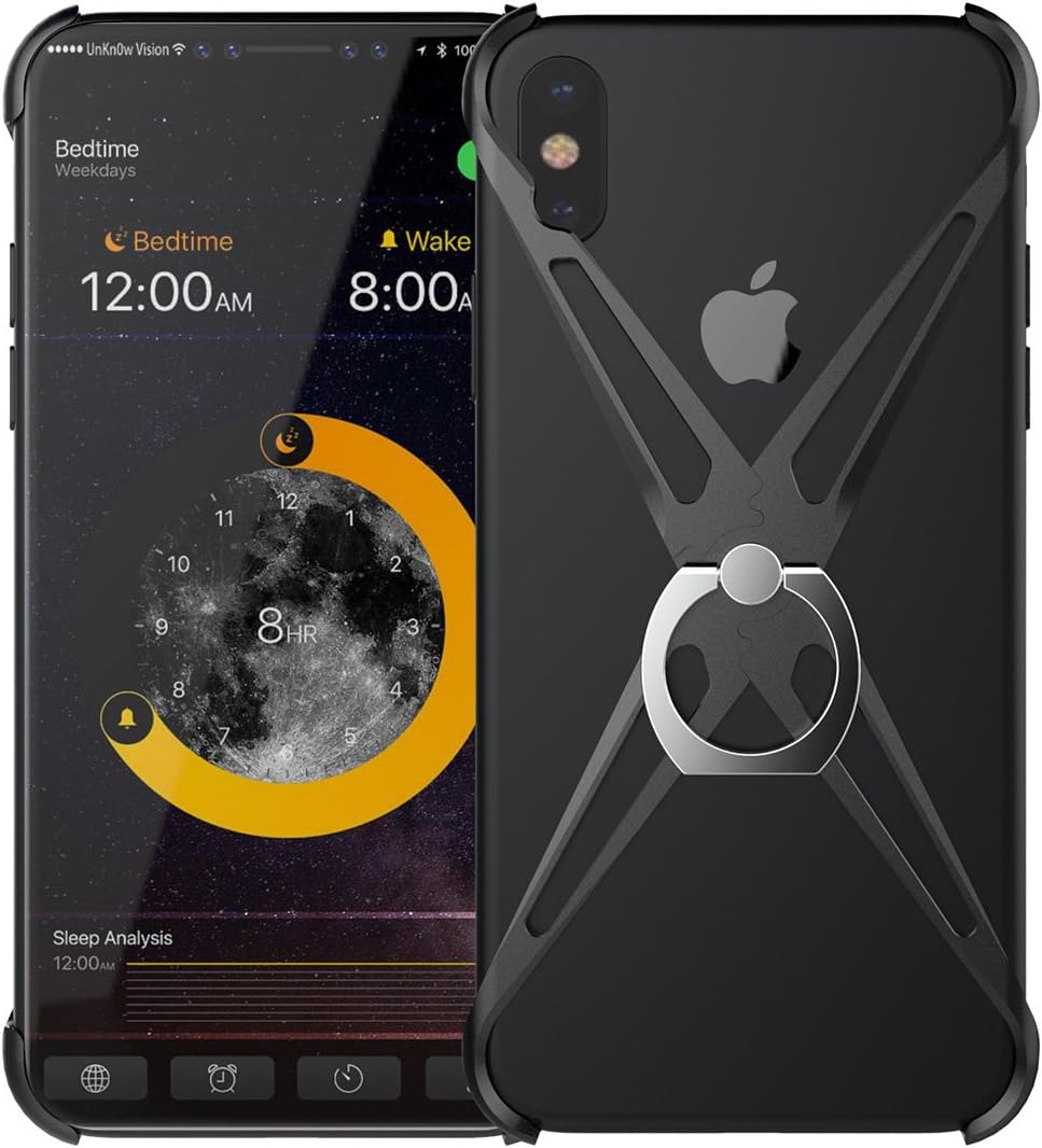 iPhone X Case, Hann Aluminum Metal Bumper Case Back Cover for iPhone X 5.8" With Ring Kickstand & Tempered Screen Protector & Carbon Fiber Texture Back Skin Protector Sticker (Black)