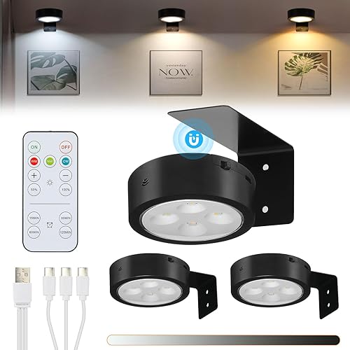 Glighone 3Pcs Rechargeable Battery Picture Light,Wall Lights for Pictures with Remote Dimmable and Timer,3 Lighting Modes Magnetic Art Display Light for Paintings Battery Operated-Black