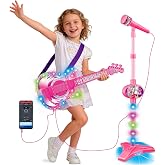 Kids Electric Guitar and Microphone Set Music Toy Karaoke Gift | Music Toy with Colorful Flashing Light Height Mic Stand, Karaoke Gift for Girls Boys Toddlers Age 3-8 (Pink)