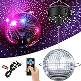 Disco Ball with Motor and Light | 5/8/10/15 RPM Adjustable Speed Rotating | Motor with 6 Inch Hanging Mirror Ball | 4 Light Colors and 18 LEDs for DJ Club | Theme Party