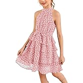 Imily Bela Girls Floral Ruffle Dress Halter Neck Kids Chiffon Summer Party Dress with Belt