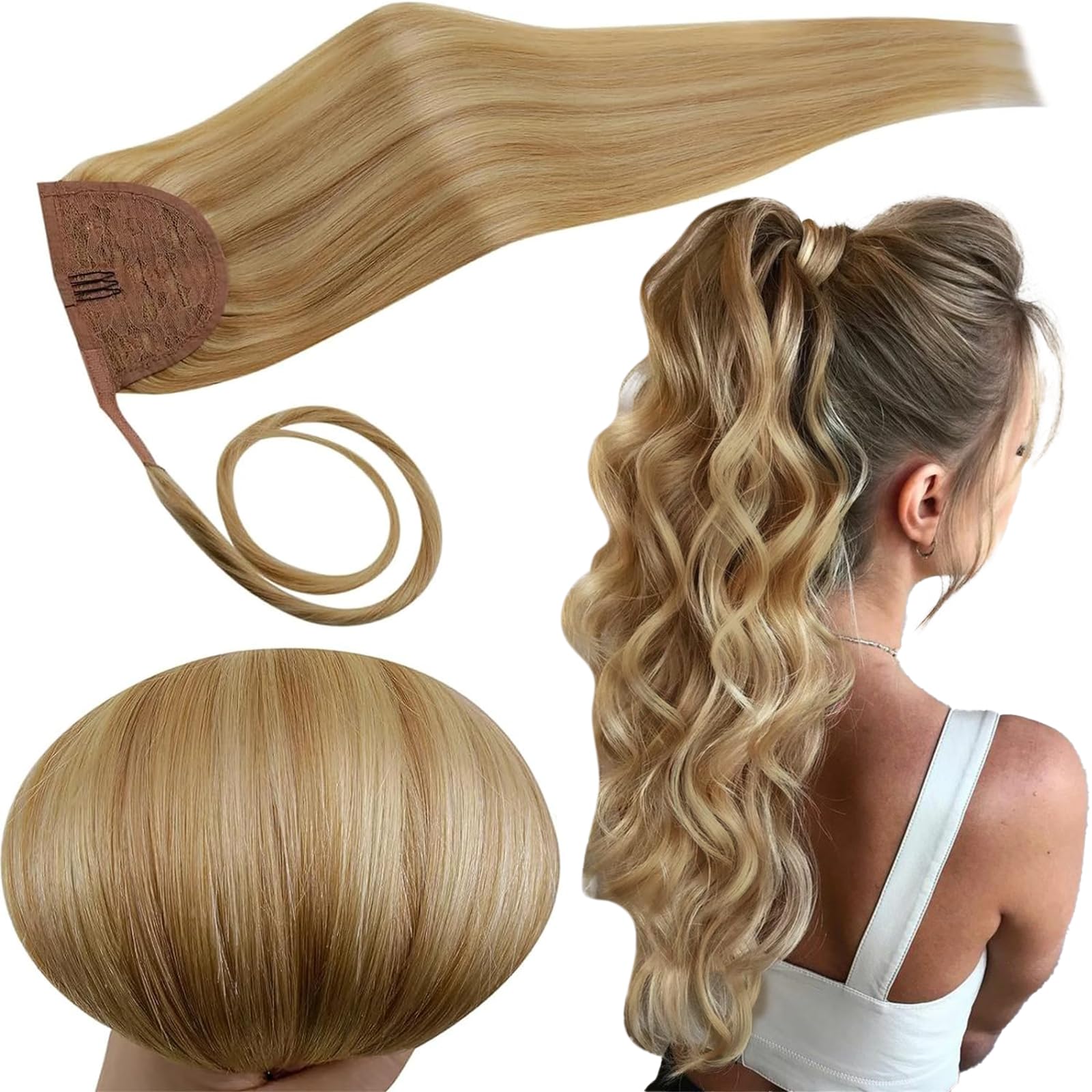 RUNATURE Blonde Ponytail Human Hair Extension Highlight Golden Blonde Human Hair Ponytail Extension Wrap Around PonytailHair Extensions Straight 20 Inch 80 Gram