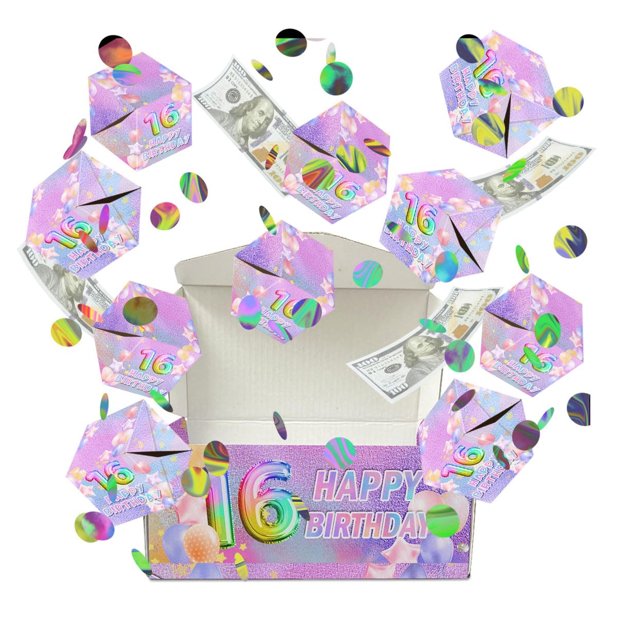 Photo 1 of Hatzelou Surprise Gift Box Explosion, Birthday Money Gift Box for Cash Explosion, Happy 16th Birthday Money Box for Cash Gift, 10Pcs Birthday Pop Out Cash Holder with Confetti