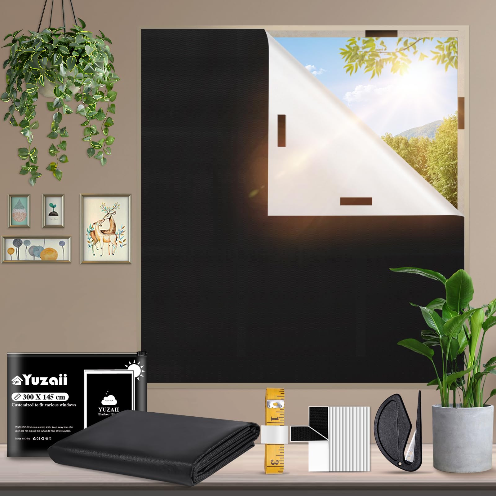 YUZAII Blackout Blind 300x145cm Stick On Black Out Blinds for Windows, No Drill Temporary with 20 Hook & Loop Tapes for Bedroom, Travel (Black)