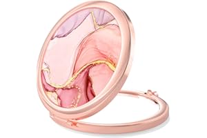 Nipichsha Compact Mirror, Pocket Travel Makeup Mirror, 2 - Sided 2X / 1X Magnification, Small Folding Portable Handheld, 2.75 in Rose Gold, Pink Marble
