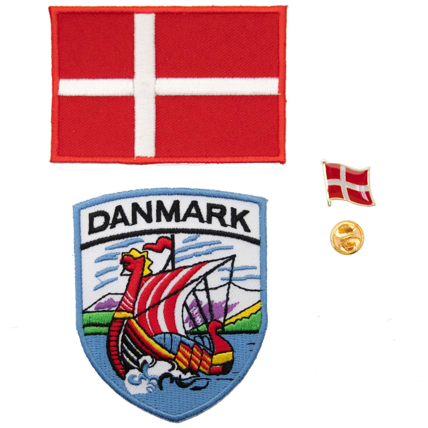 A-ONE 3 PCS Pack- Denmark Dragon Boat Shield Patch + Denmark Flag Embroidery Badge + Denmark Flag Lapel Pin, Shield Patch, Emblem Pin