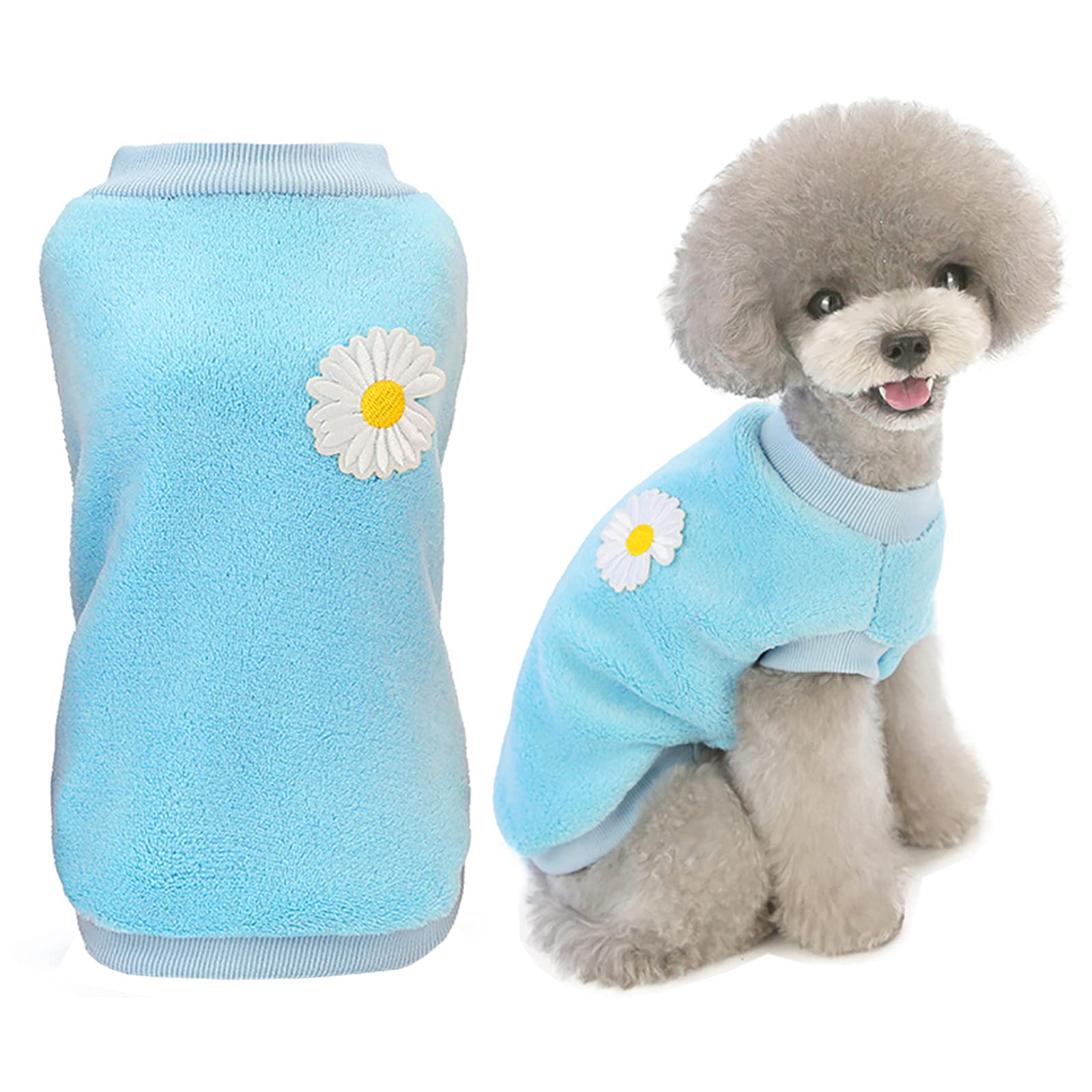 Dog Sweater Clothes Fleece Woolen Winter Warm Sweat Shirt Flower Pajamas Fleece Sweater for Small Dog Medium Cat Light Blue L