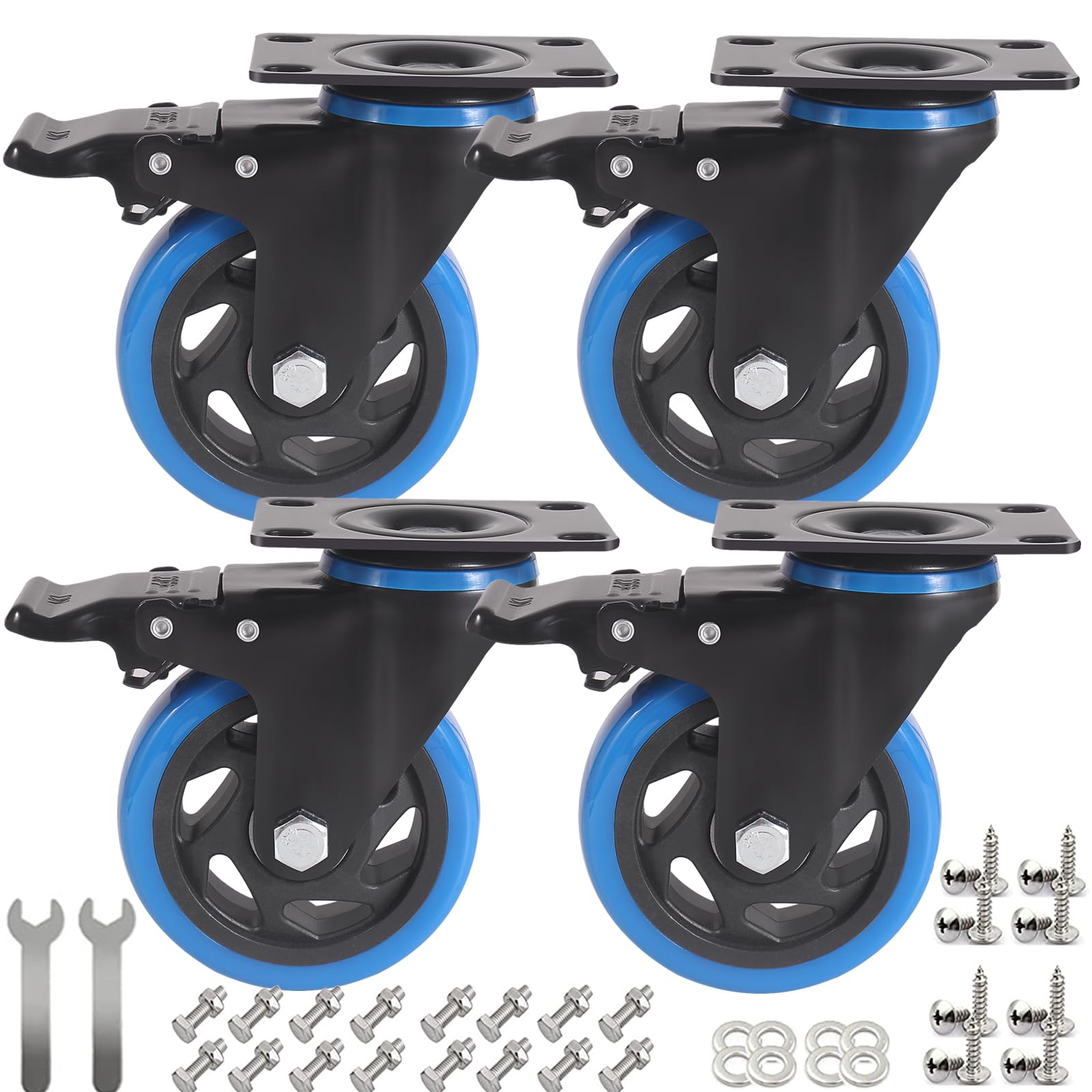 IQWTU 100MM Furniture Castors Heavy Duty Castor Wheels with Brakes, Double Bearing PU Trolley Wheels Rubber Swivel Casters, 4 Industrial Plate Casters Capacity 600KG — image 1