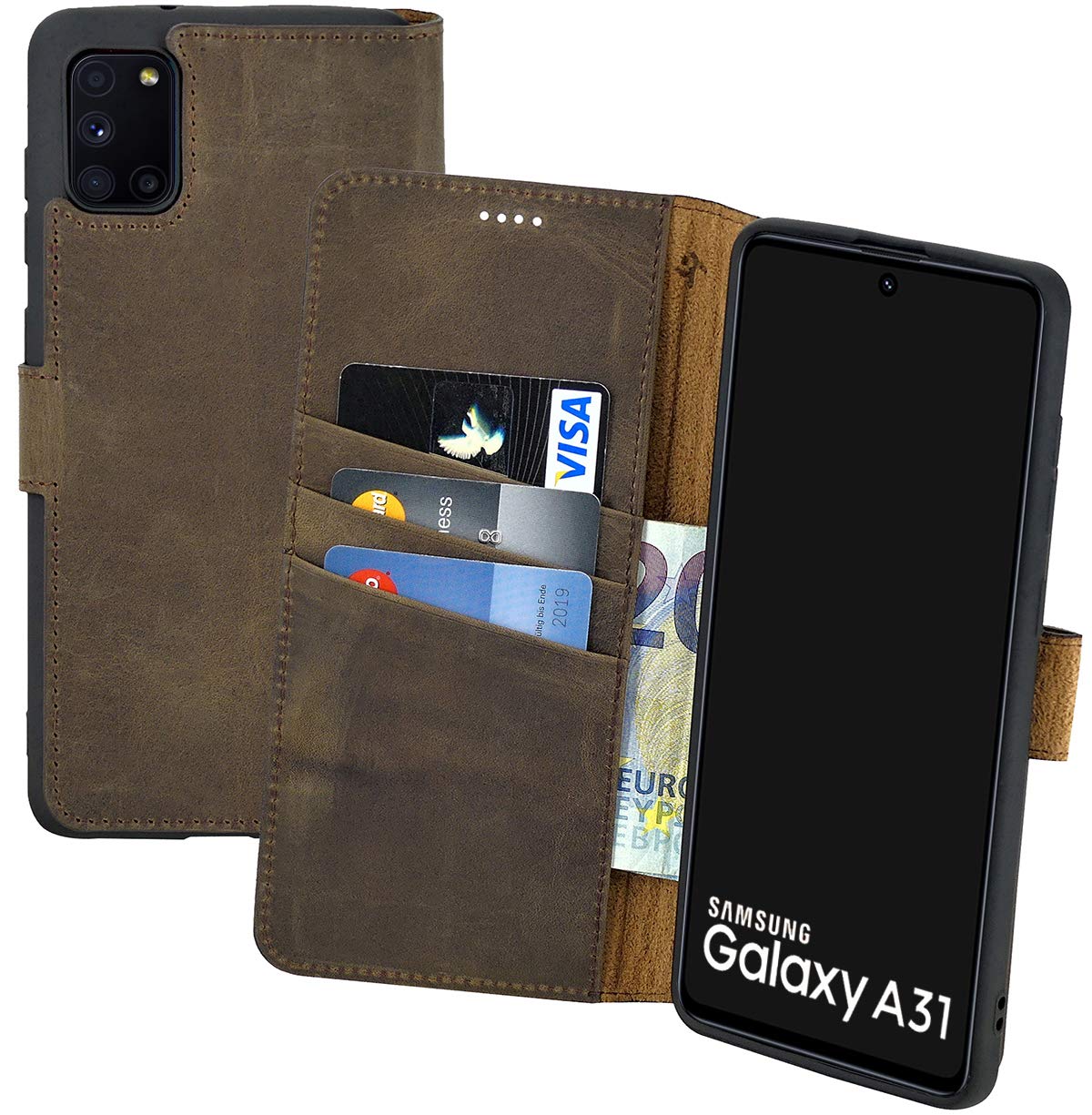 Suncase Book-Style Case Compatible with Samsung Galaxy A31 Leather Case (Slim Fit) Leather Mobile Phone Case Protective Case with 3 Card Slots in Antique Brown