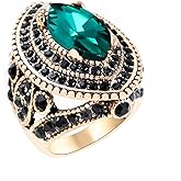 CKHAO Women Ring - 32mm Big Size Antique Gold Plated Turkish Style Green Black Gemstone Vintage Ring Women Jewelry J0769GreenBlack