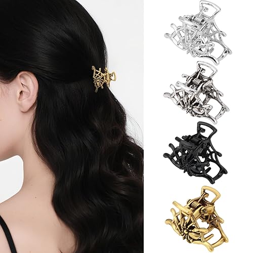 KEUKORZ 4Pcs Halloween Spider Web Metal Small Hair Claw Clips for Women - Halloween Costumes Hair Accessories Mini Claw Clips for Party Decoration Dress(4 Colors)