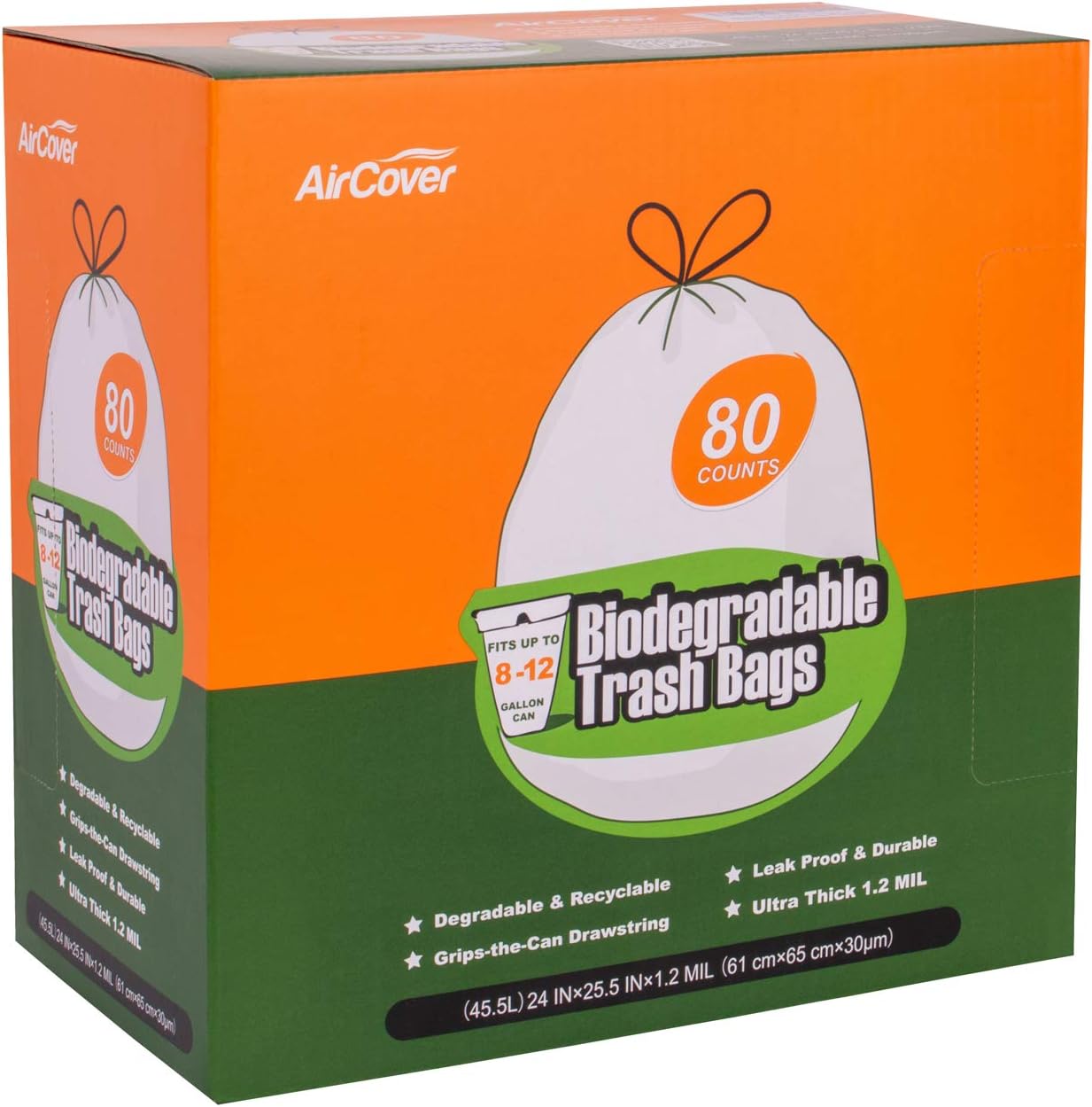 Aircover 812 Gallon Biodegradable Trash Bags, 80 Count Extra Thick 1.2 Mil Small