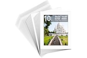 Golden State Art, Pack of 10, Pre-Cut 20x24 White Picture Mat Kit for 16x20 Photo, 10 White Core Bevel Cut Mattes, 10 Backing