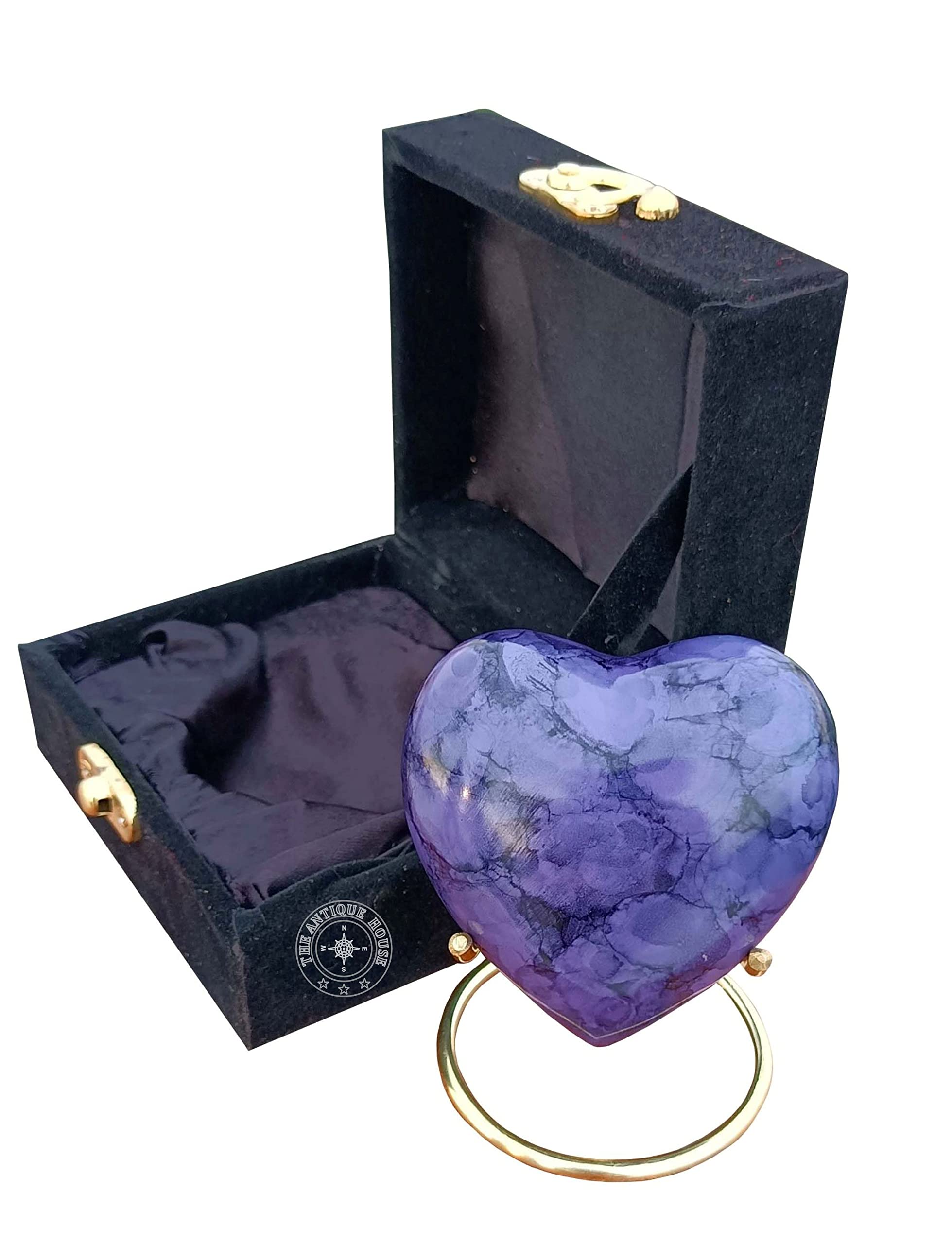 Purple Cremation Urn for Ashes Keepsake Heart Urn with Black Box and Brass Stand Mini urn for Your Loved one Adult & Funeral Burial for Adults and Infants