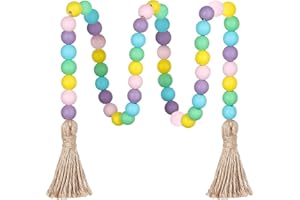 MEPLAIT Easter Wood Bead Garland with Tassels, Farmhouse Rustic Decor Spring Beads Garland Decor for Spring Tiered Tray Fireplace Shelf Decoration
