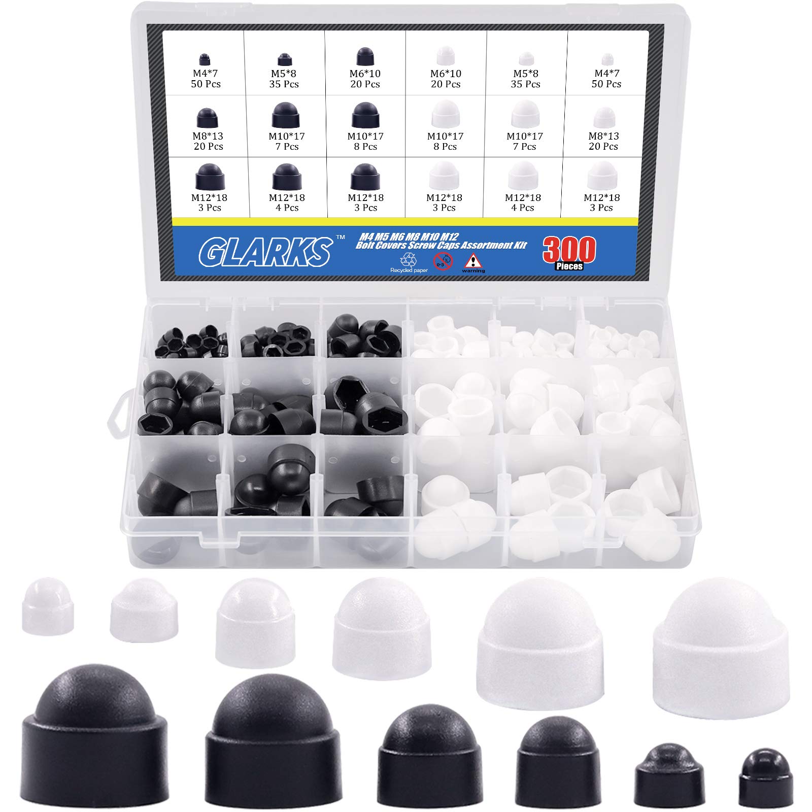 Glarks 300Pcs Black and White Bolt Covers Screw Caps Assortment Kit, M4 M5 M6 M8 M10 M12 Nylon Acorn Dome Protection Caps for Protecting Hexagon shaped Screws Bolts(Black and White) — image 1