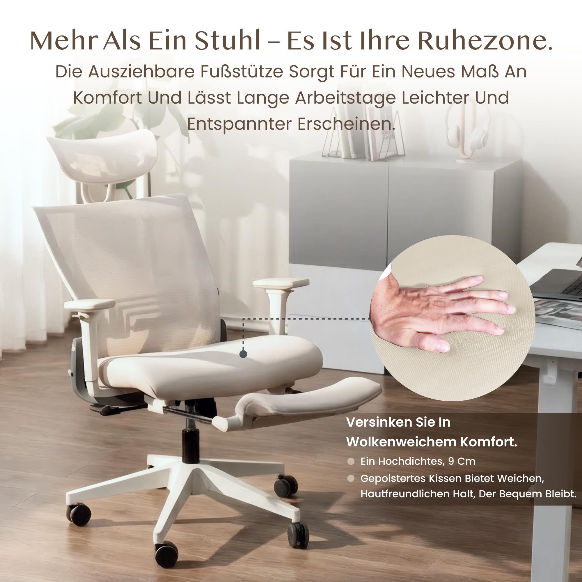FLEXISPOT Ergonomischer Bürostuhl, Foldex, klappbarer Bürostuhl für Kleine Räume mit Lendenwirbelstütze, Höhenverstellbaren Armlehnen, 2D Kopfstütze, Schreibtischstühle mit Fußstütze Creamweiß 5