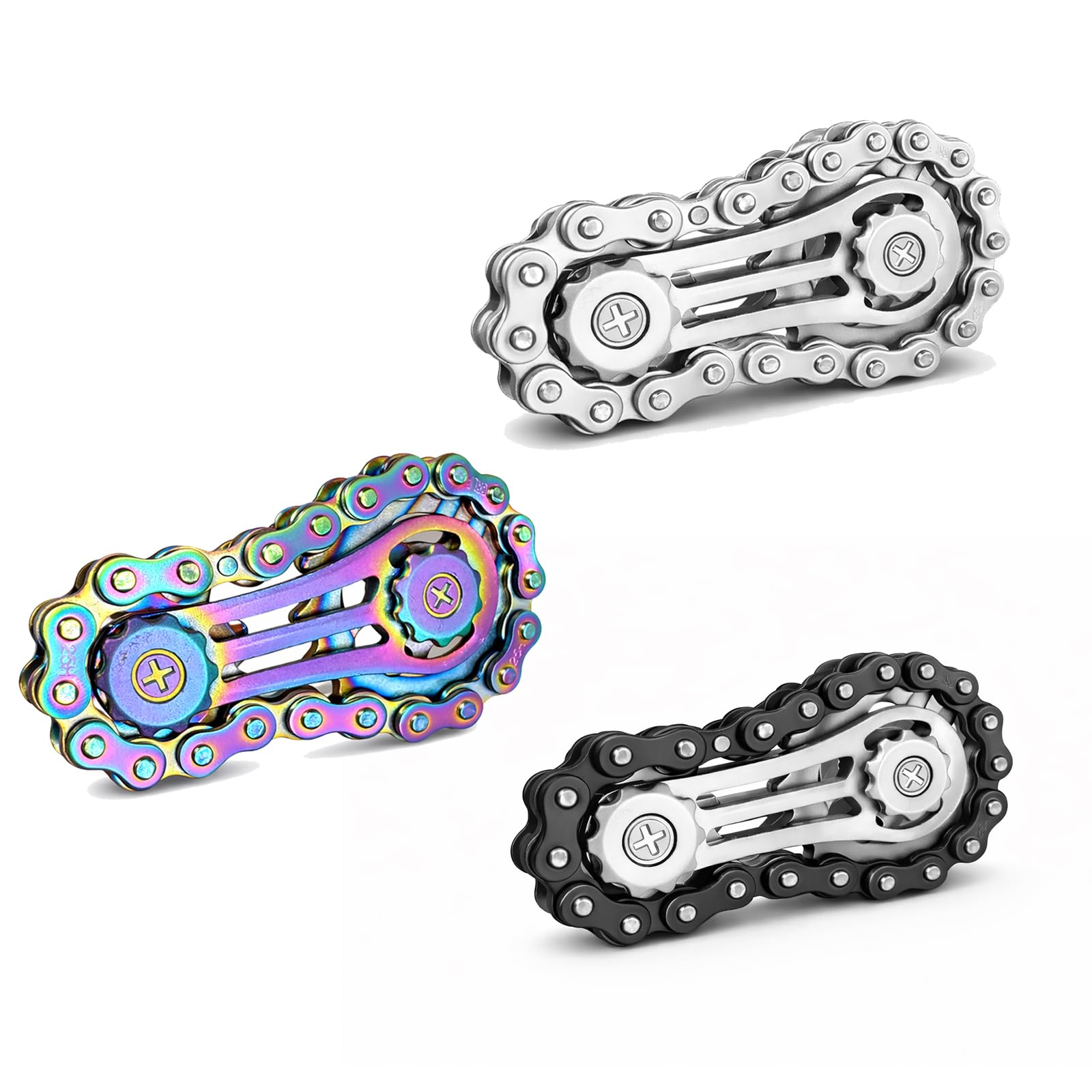 Bike Chain EDC Metal Hand Roller, Mechanical Sprocket Desk Gadget with Smooth Quiet Rotation – Premium Electroplated Rainbow, Silver & Black 3-Colour Set for Office Desk Focus