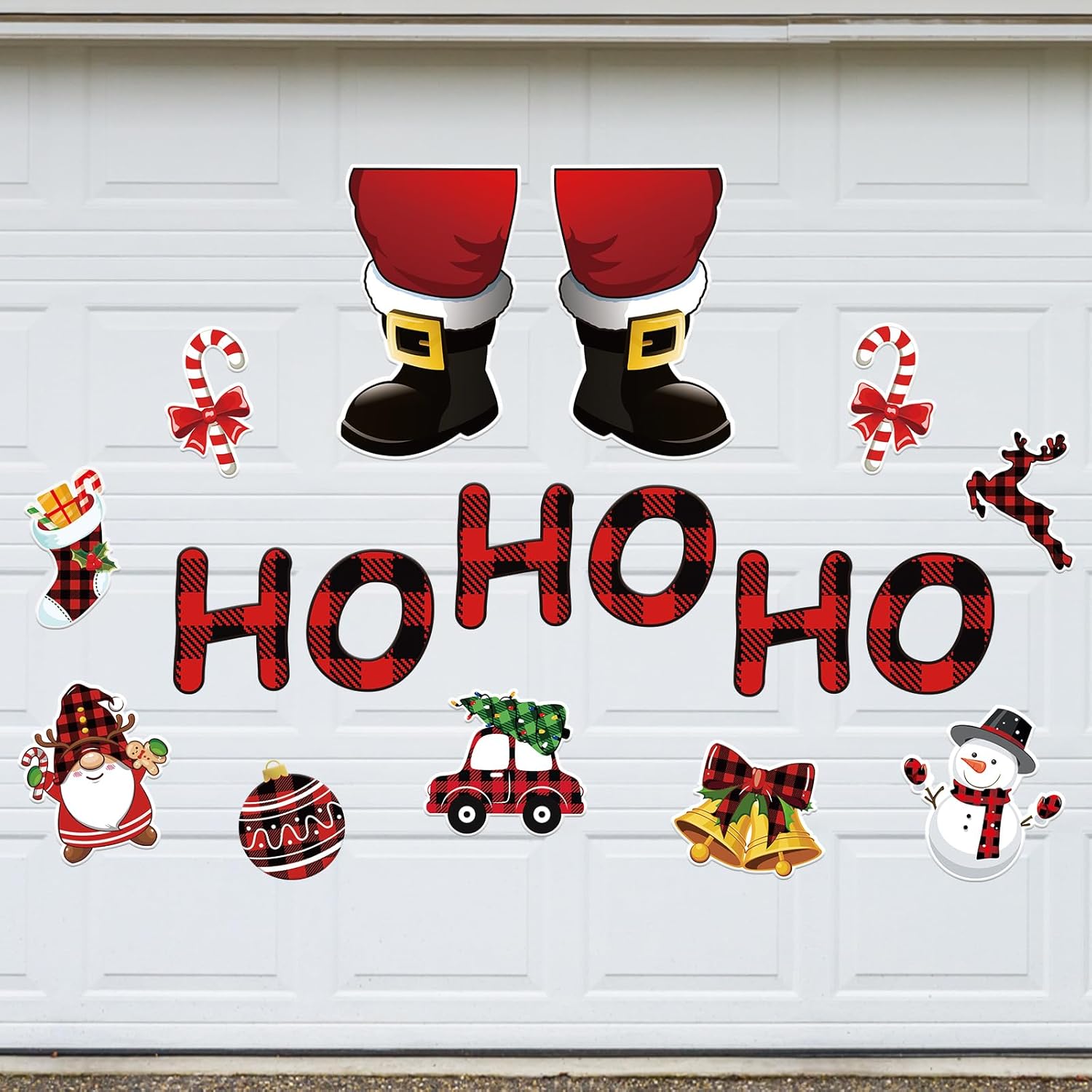 Garage Door Decorations - AnyDesign HOHOHO Christmas Garage Decoration Magnet Stickers Santa Red Black Plaid Garage Door Decals Gnome Snowman Magnet Refrigerator Stickers for Christmas Party Home Door Car Decor, 17Pcs