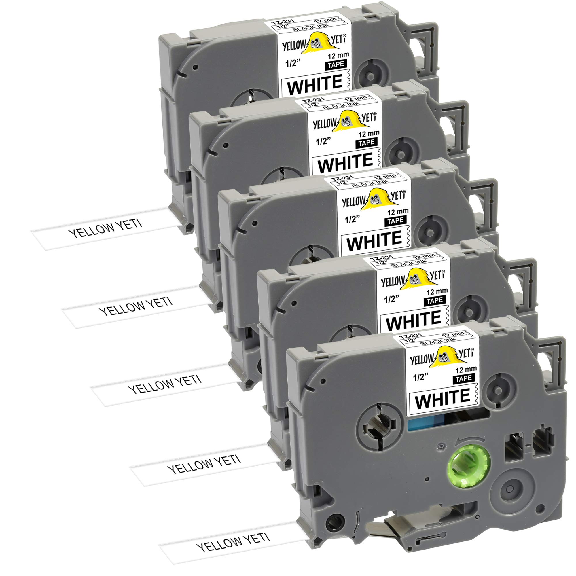 Yellow Yeti 5 Labelling Tape Cassettes TZe-231 TZ-231 12mm x 8m Black on White Laminated Label Tapes Compatible with PT-1000 PT-D200 PT-H100 PT-D210VP PT-D400 PT-D600VP PT-P700 PT-P750W Cube H105
