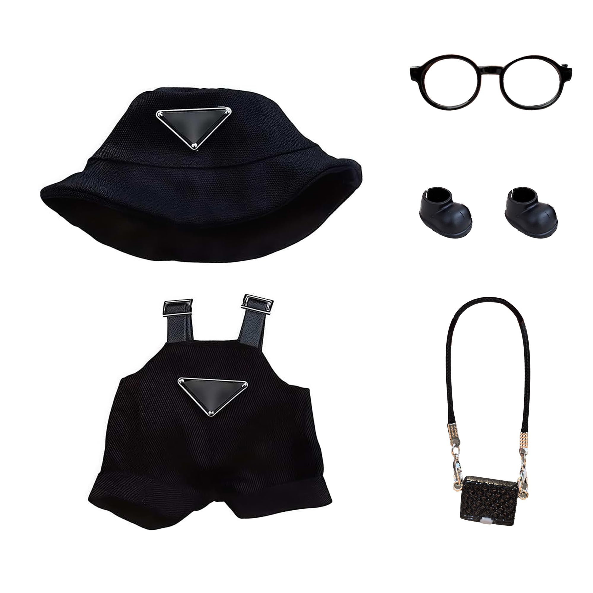 5 Pcs of Clothes for 17cm Plush Dolls, Including a Jumpsuit, a Bucket Hat, a Handbag, Glasses and Shoes. The Black Color Is High-end and Is a Great Gift for Birthdays and Festivals