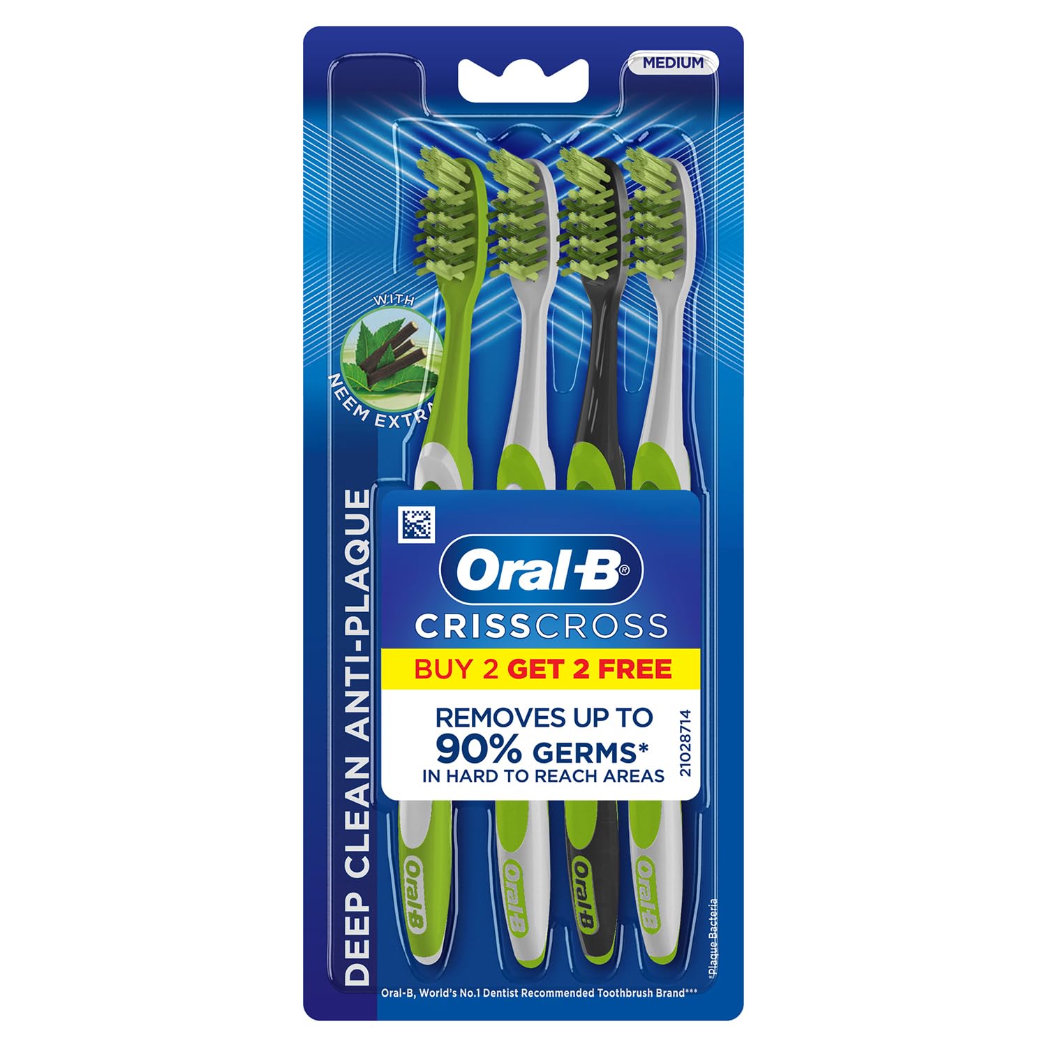 Oral-B Criss Cross Toothbrush with Neem Extract, Medium (Buy 2 Get 2 Free)