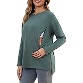 Women's Nursing Shirts Long Sleeve with Hidden Zipper Oversized Breastfeeding Tops Side Split Maternity Blouse
