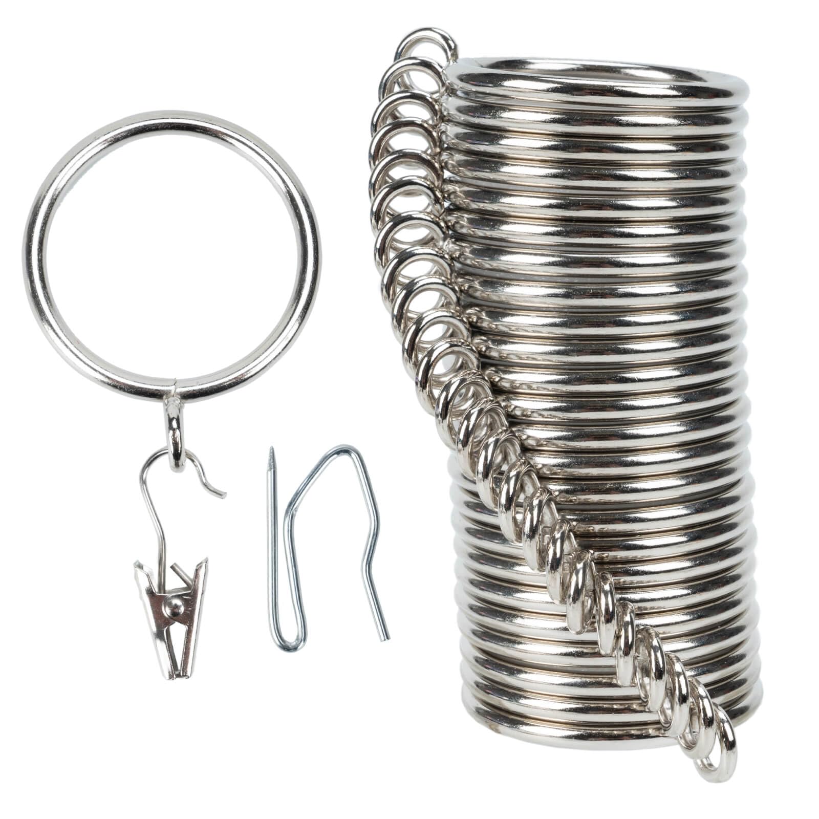 Curtain Rings and Hooks Clip,38mm Inside Diameter,Complete Set with Curtain Pole Rings, Hooks and Clips Pack of 24 Curtain Rings for Two Standard Curtains Silver TXZWJZ