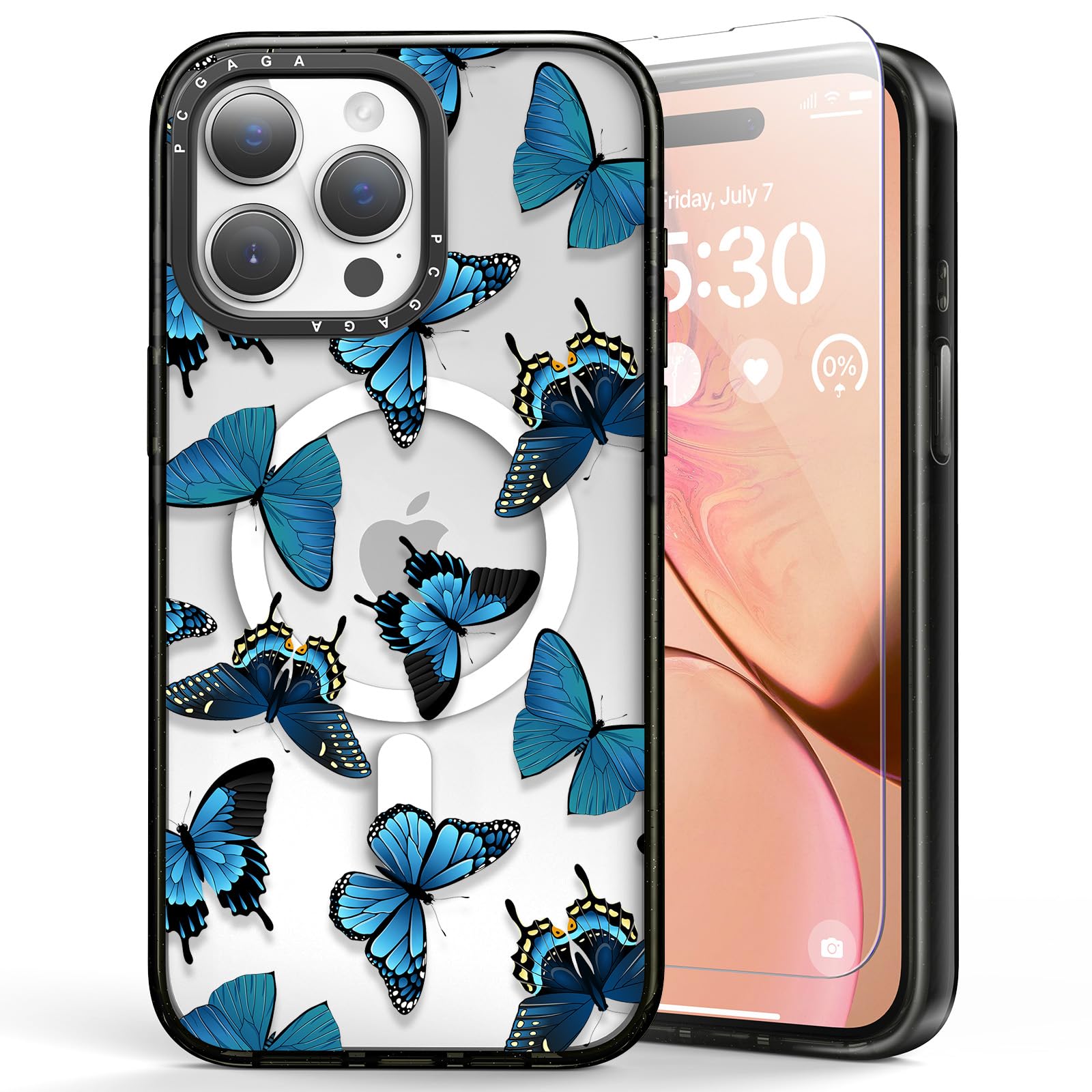 pcgaga Magnetic Case for iPhone 15 Pro Max 6.7" with Magsafe, Cute Embossed Pattern Hard PC Back Cover & Slim TPU Bumper, Screen Protector & Pearl Beaded Phone Strap-360° Protection (Butterfly)