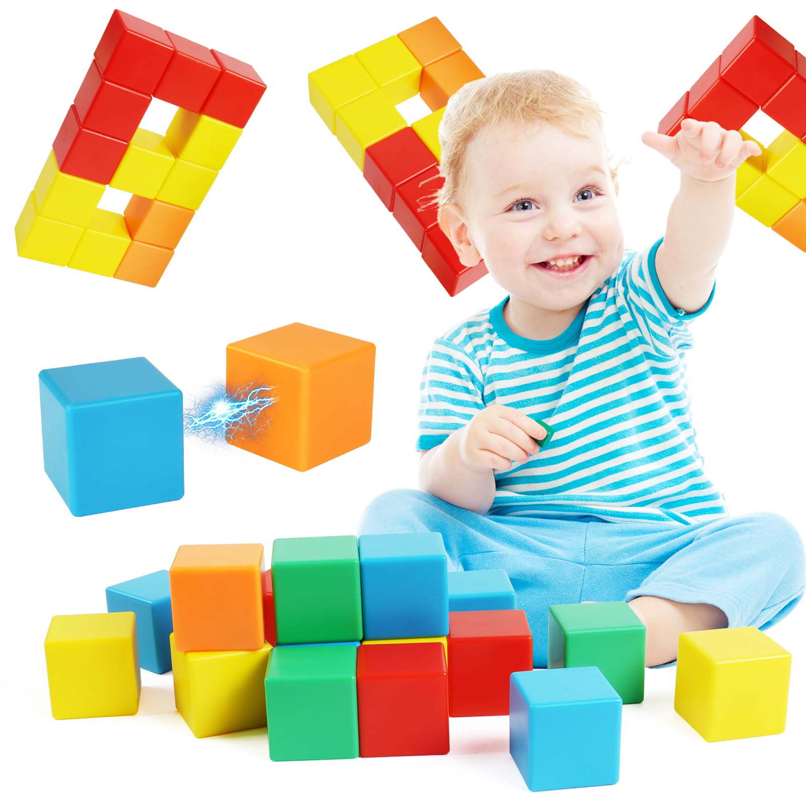 HOTUT Magnetic Blocks, 32 Pcs Montessori Cubes With Storage Bag for Toddlers, 3D Color Building Blocks for Kids Boys Girls Age 3-8, Learning Toys