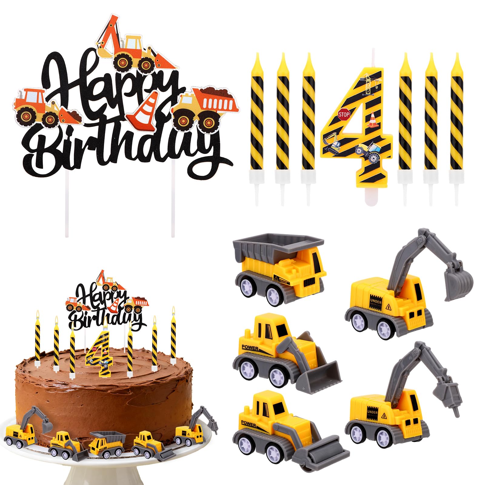 13pcs Construction Birthday Candle Set, Happy Birthday Numbers Candles Construction Cake Topper Yellow & Black Striped Cake Decoration for Boys Party Supplies (Number 4)